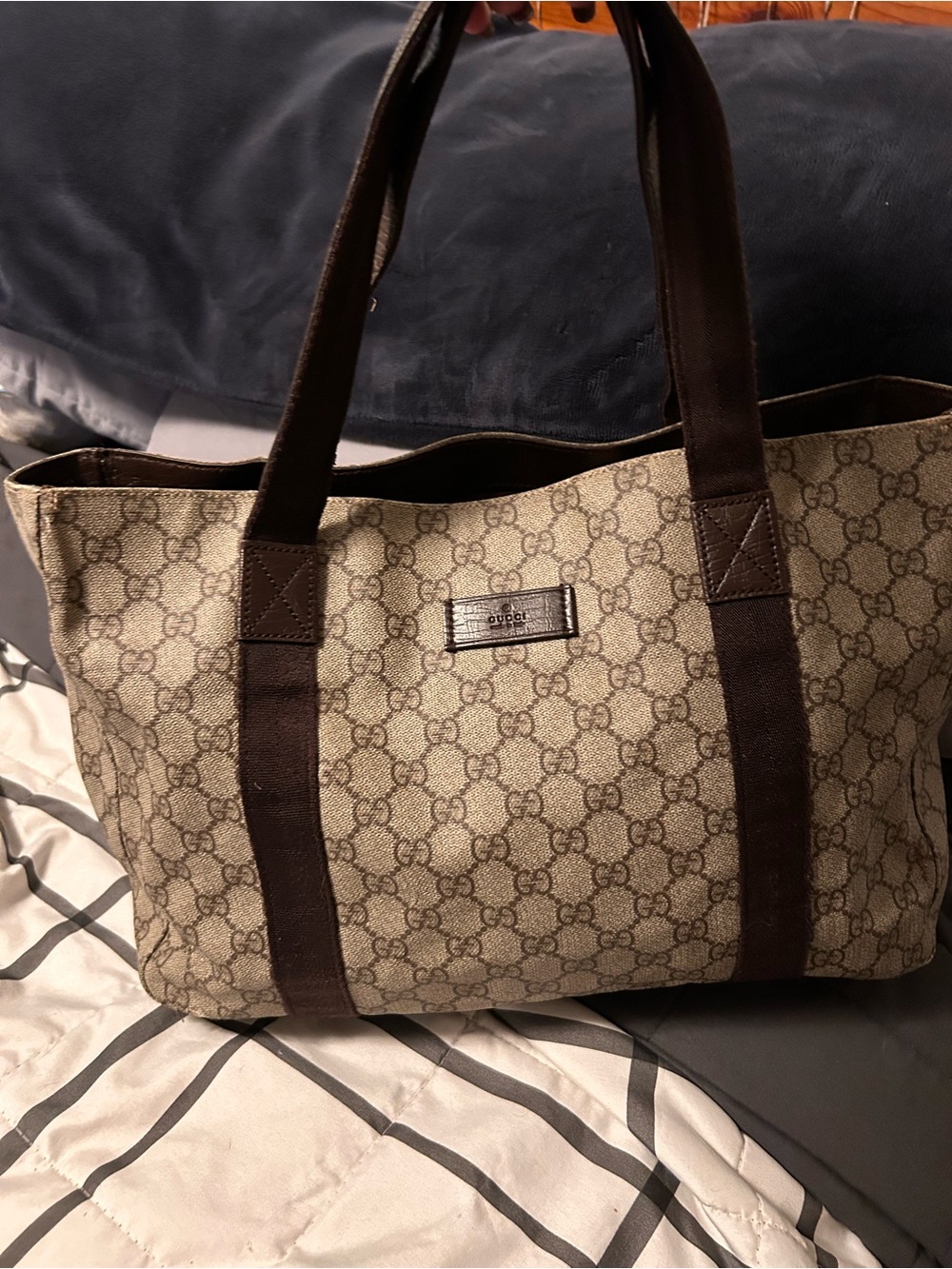 Gucci Beige Monogram Canvas Tote with Brown Straps